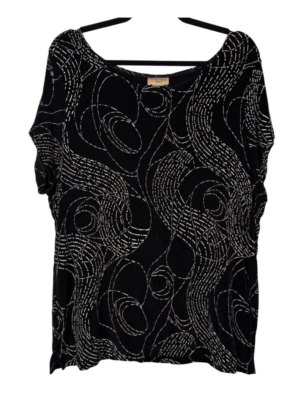 Choices 1X Black Abstract Print Top Loose Fit Spandex Blend Minimalist Boho